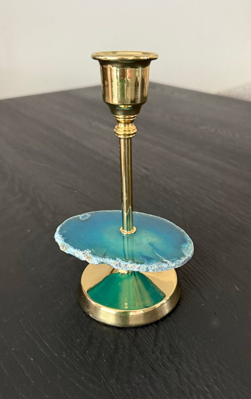 Goudkleurige Kandelaar met Turquoise Steen - Nieuw, Nieuw, Ophalen of Verzenden, Metaal, Kandelaar