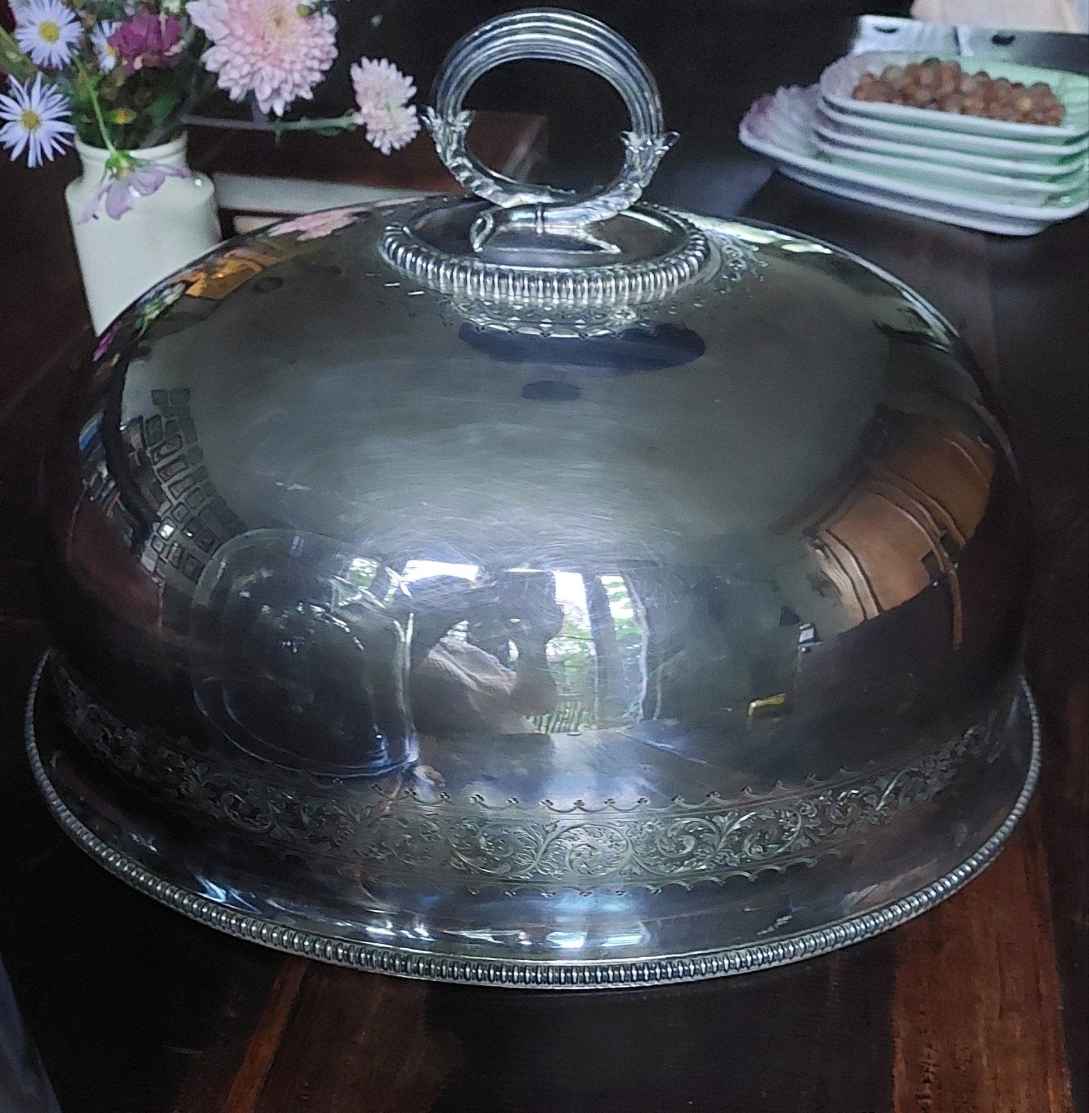 Antieke verzilverde cloche / serveerschaal met deksel, Antiek en Kunst, Ophalen of Verzenden