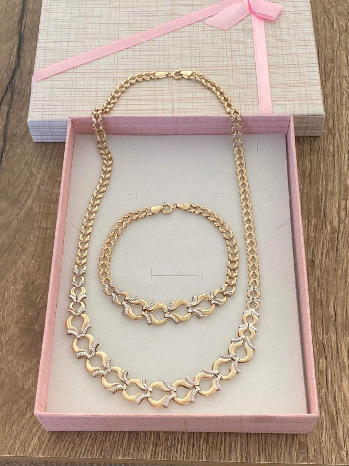 14 karaat gouden set: ketting en armband (wit en geel goud), Ophalen of Verzenden, Nieuw, Goud, Goud