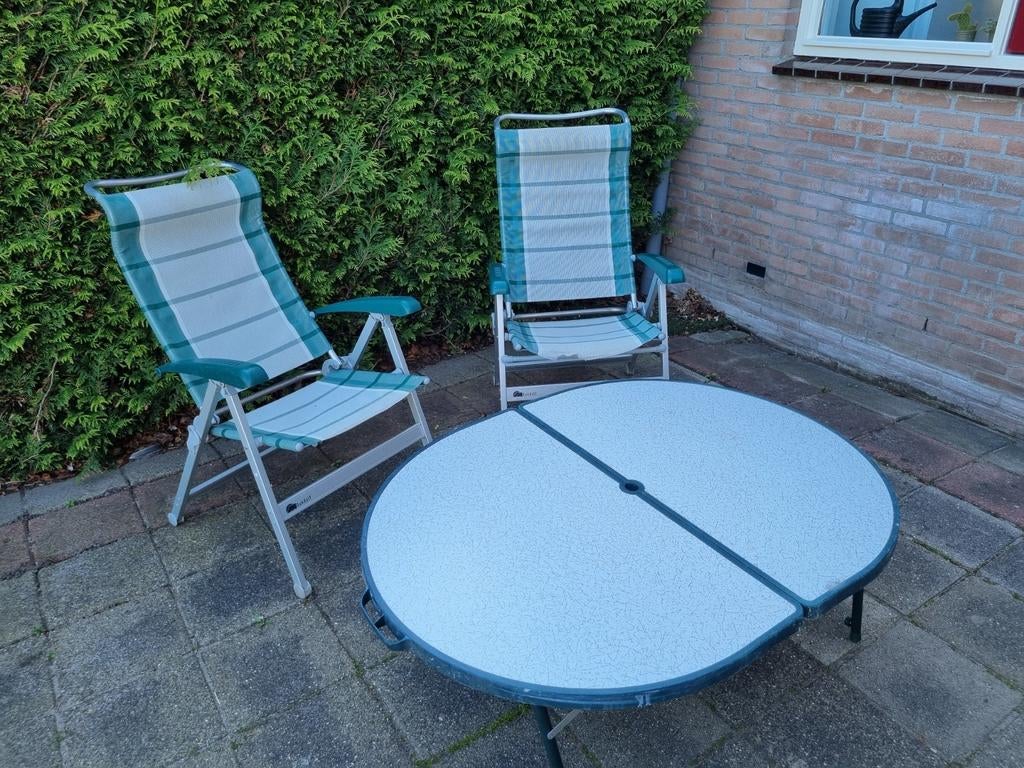 Dudalf: 2 stoelen en inklapbare tafel, Caravans en Kamperen, Ophalen, Gebruikt, Campingstoel