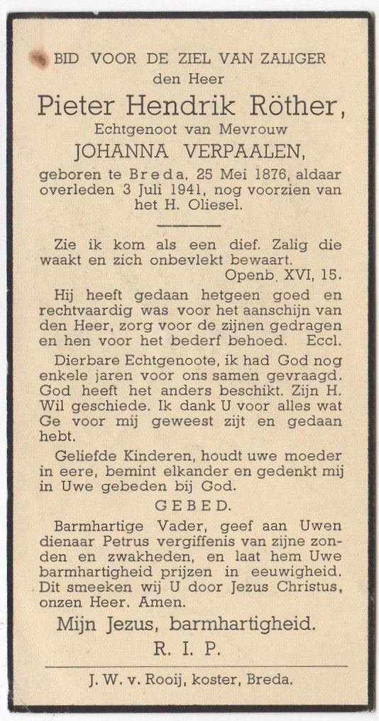 Pieter Hendrik Röther 1876 Breda + 1941 Breda, 65 jaar oud, Verzenden