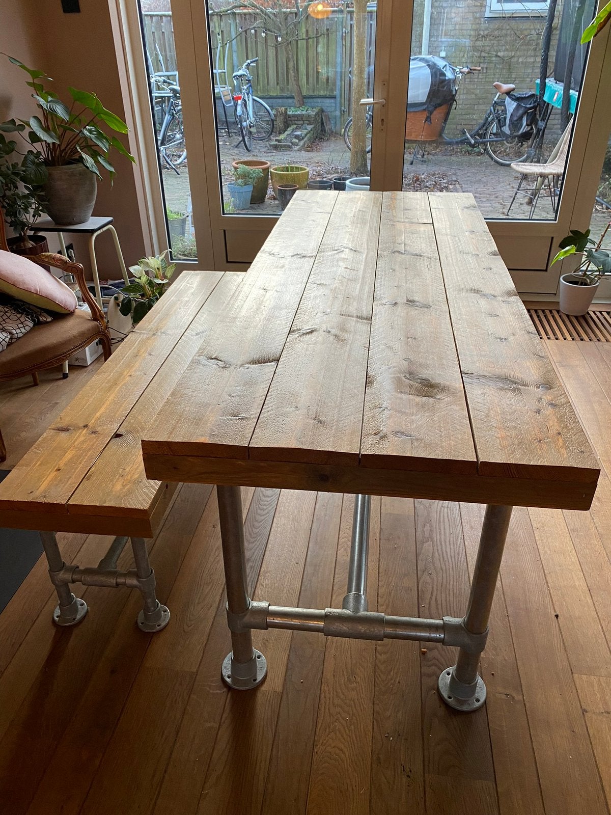 Steigerhouten eettafel 200*80, Ophalen, Gebruikt, 50 tot 100 cm, Vijf personen of meer