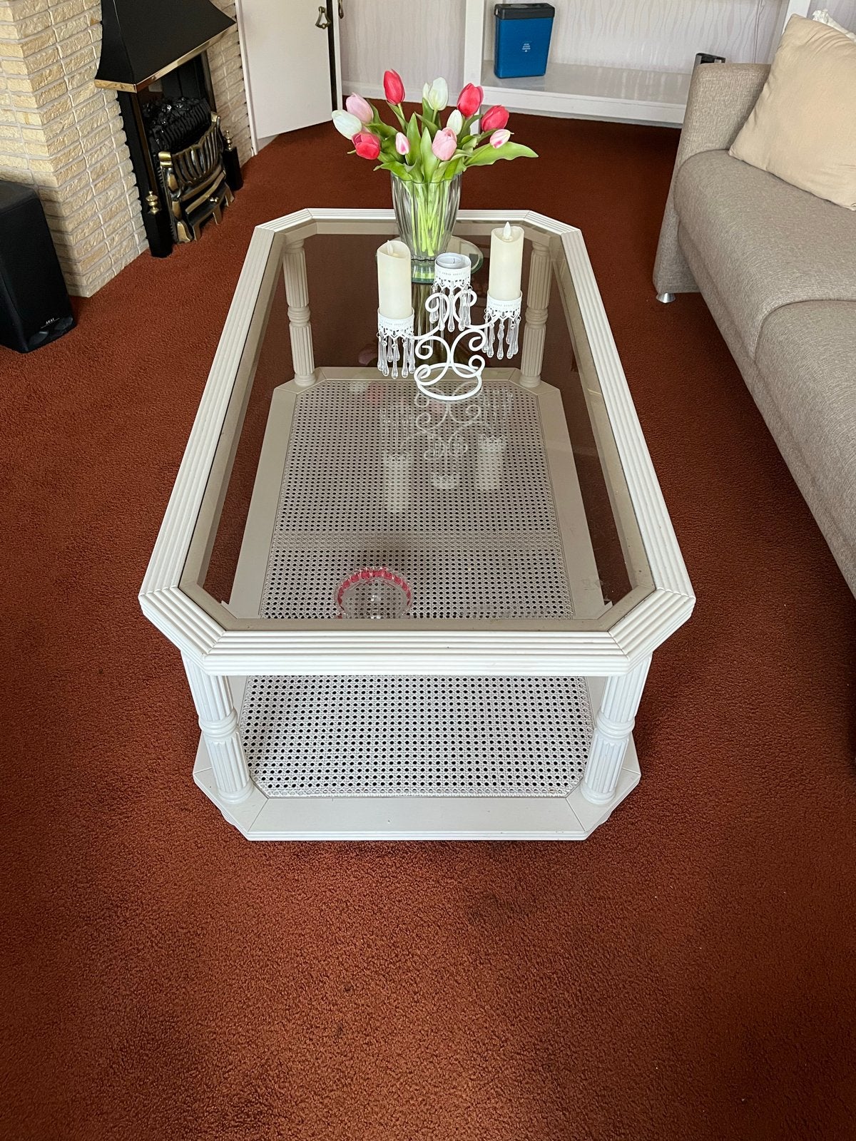 Landelijke salontafel met webbing en glasplaat, Ophalen, Gebruikt, 100 tot 150 cm, 50 tot 100 cm