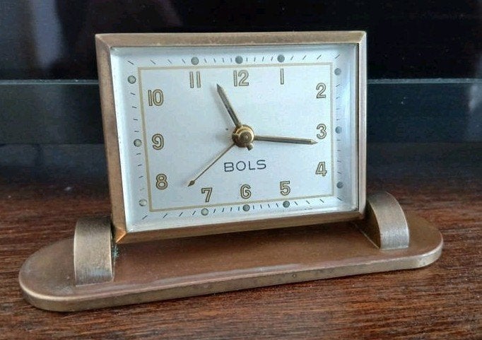 vintage messing mechanisch bureauklokje, wekker - Bols, Antiek en Kunst, Antiek | Klokken, Ophalen of Verzenden