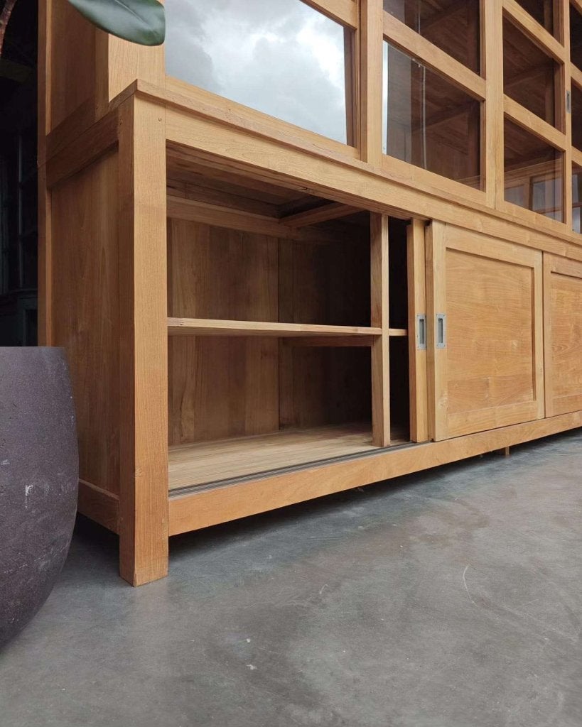 Grote teakhouten vitrinekast | Teak wandkast 300cm #3668, Glas, Met deur(en), -, 200 cm of meer
