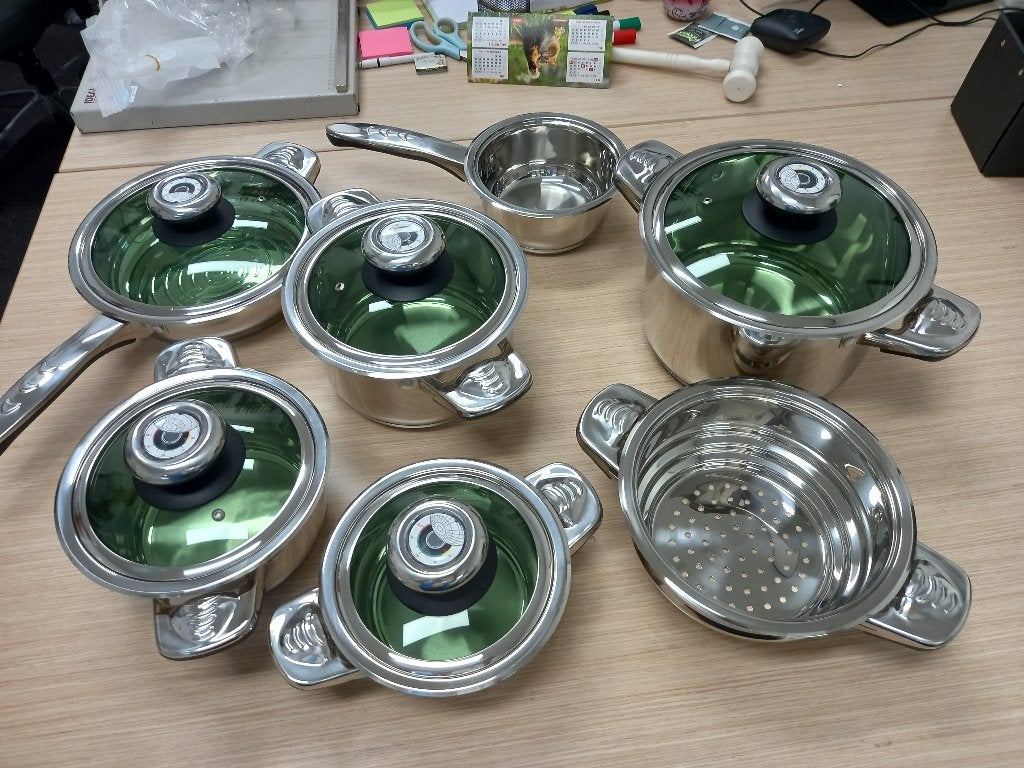Nieuwe 12-delige RVS Pannenset met Thermometer Deksel, Met deksel, Onbekend, Nieuw, Pannenset