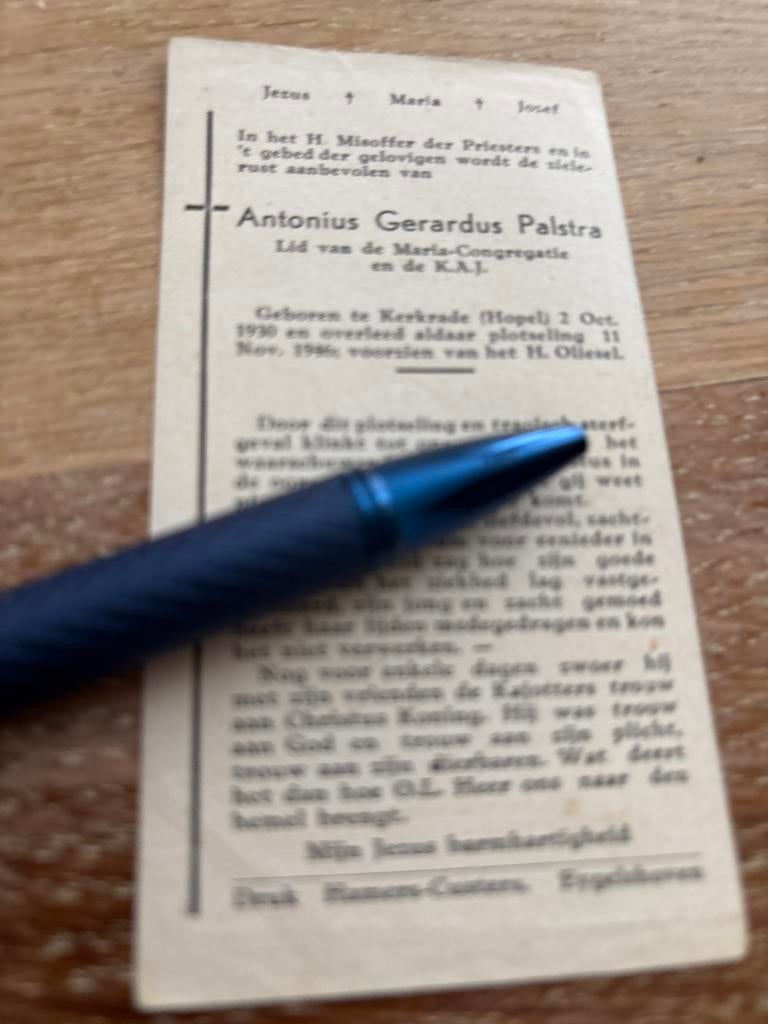 Palstra Antonius 1930 Kerkrade 1946 -29905, Verzamelen, Bidprentjes en Rouwkaarten, Ophalen of Verzenden, Bidprentje