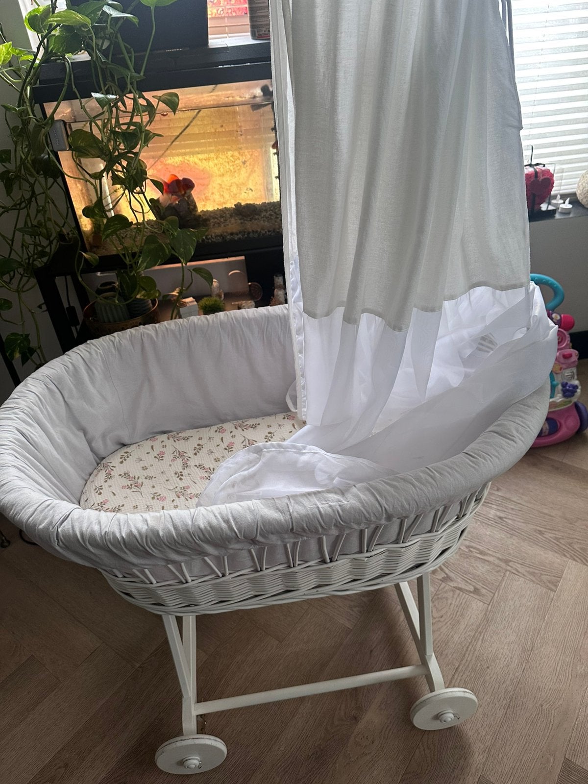 Mooie Rieten babywieg met hemel te koop, Kinderen en Baby's, Babywiegjes en Ledikanten, Ophalen, Zo goed als nieuw, Wieg