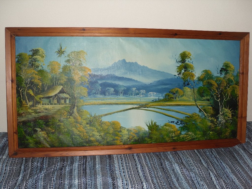 Groot schilderij uit Indonesië met houten lijst, Antiek en Kunst, Ophalen, Ingelijst, Landschap, Doek