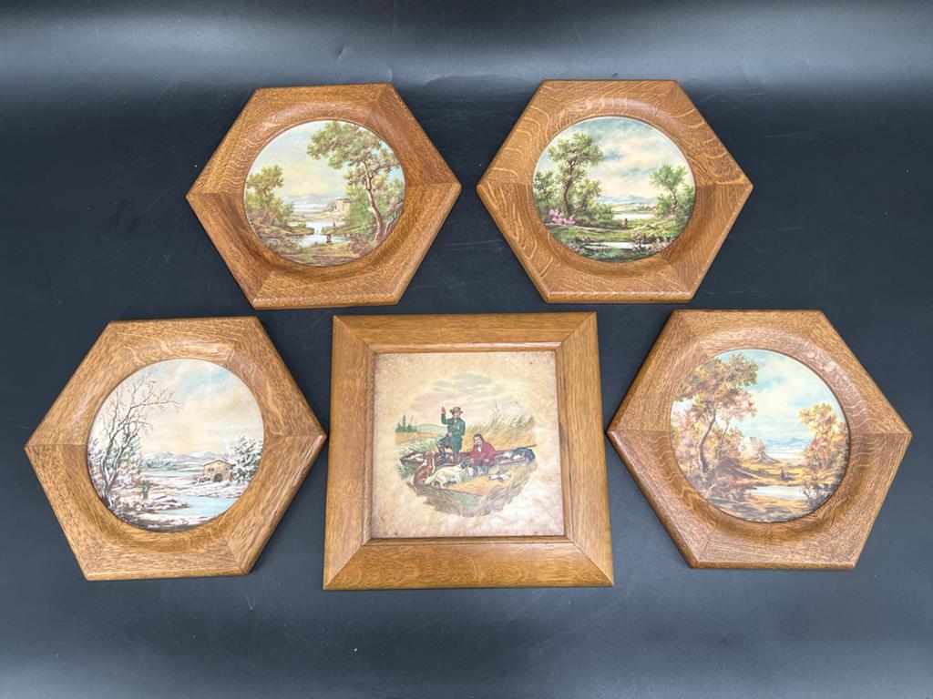 Set van 5 ingelijste schilderijen, massief eiken, Antiek en Kunst, Antiek | Wandborden en Tegels, Ophalen of Verzenden