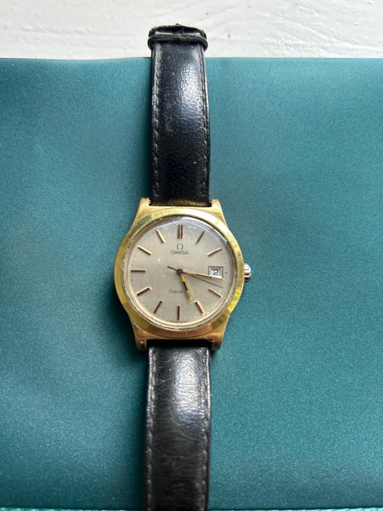 Omega Genève Verguld Polshorloge met Datum 1968, Sieraden, Tassen en Uiterlijk, Horloges | Antiek, Overige materialen, Met bandje