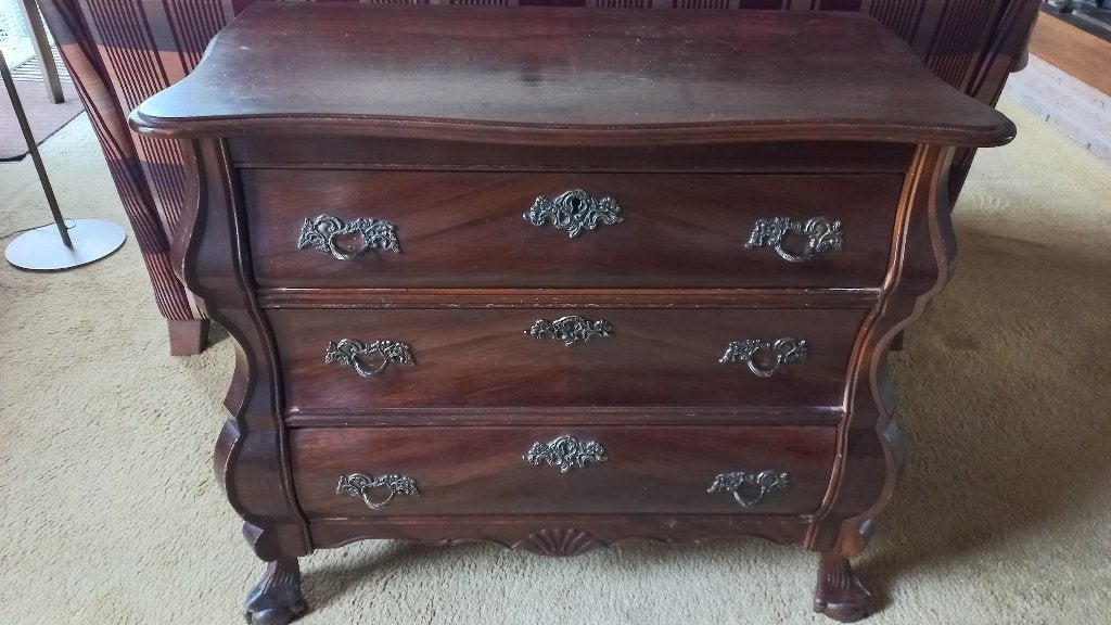 Vintage barok buikkastje met 3 lades, mahoniehout, Ophalen, Gebruikt, 50 tot 100 cm, 3 of 4 laden