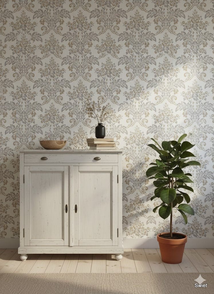 9956 zacht beige vintage barokbehang rustige sfeer swiet, Ophalen of Verzenden, Beige
