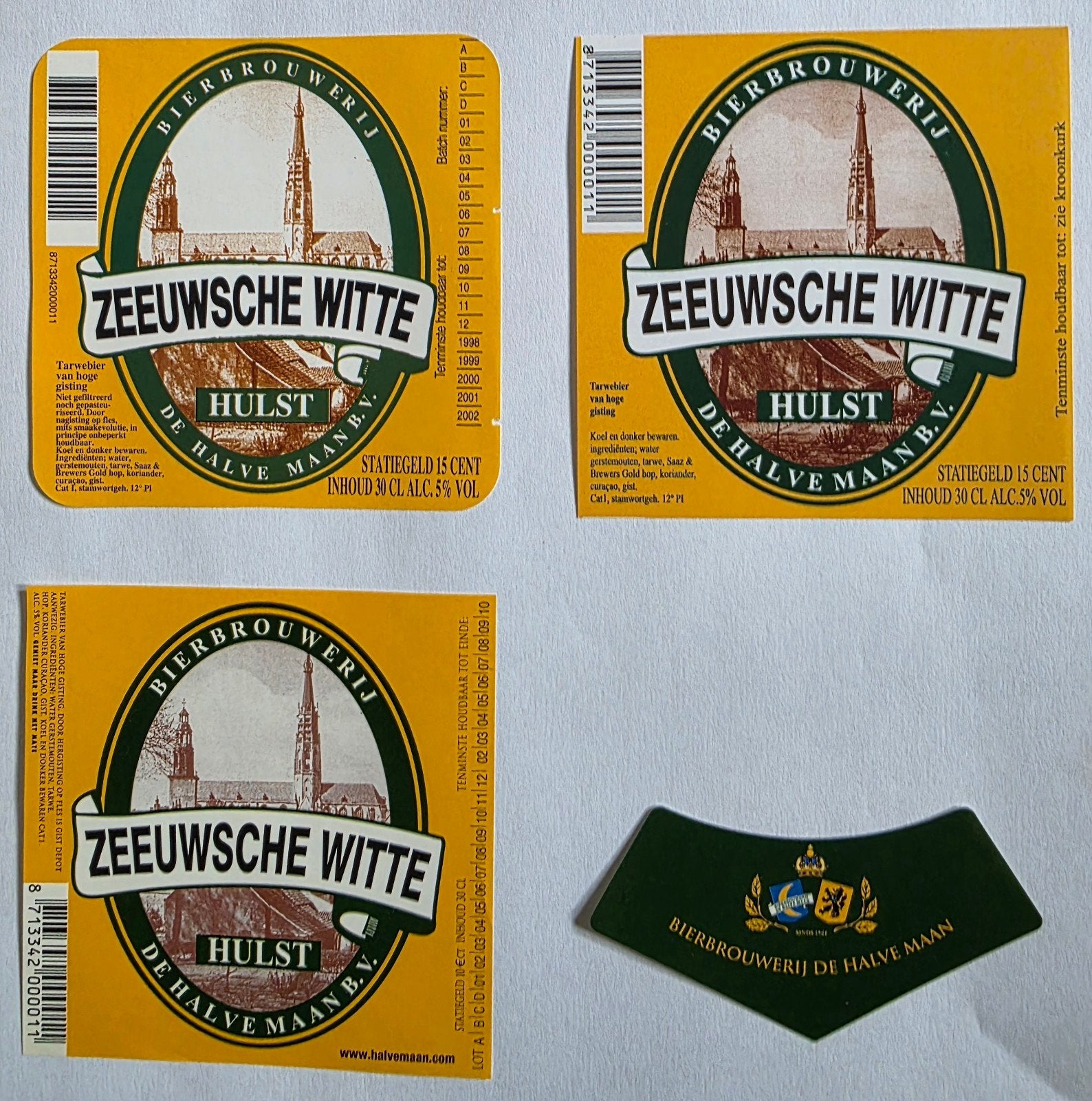 099) 3 BIERETIKETTEN ZEEUWSCHE WITTE - DE HALVE MAAN HULST, Verzenden, Zo goed als nieuw, Overige typen, Overige merken
