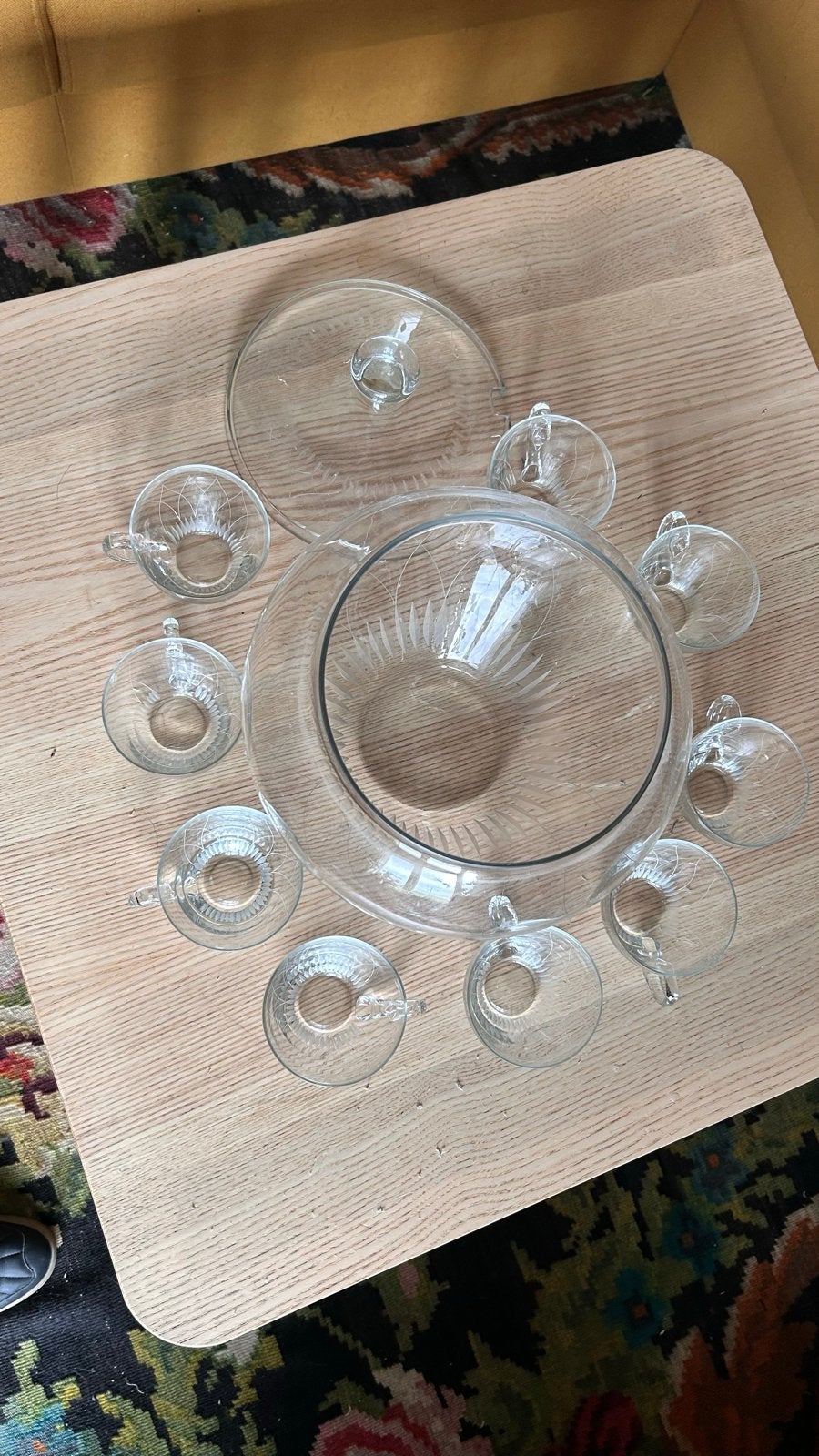 Vintage Glazen Punch Set met 8 Kopjes en Lepel, Ophalen of Verzenden, Zo goed als nieuw