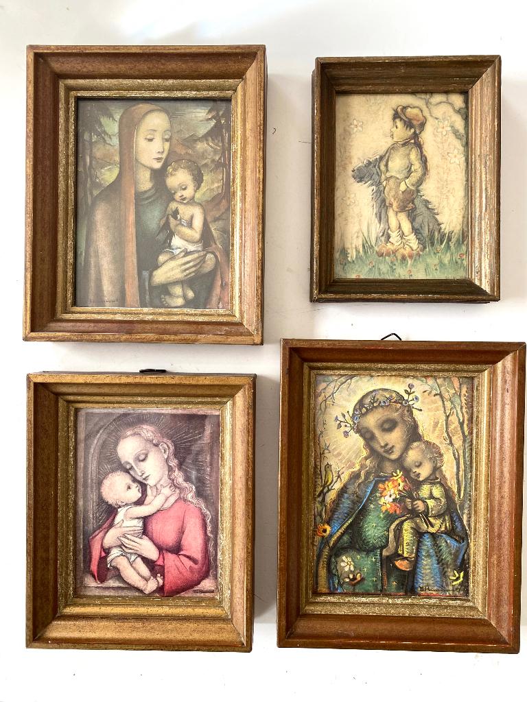 Vier oude ingelijste Hummelprenten maria en kind & jongetje, Ophalen of Verzenden