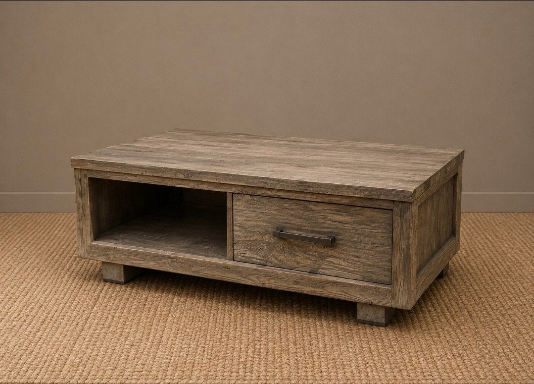 Robuuste Salontafel met Lade en Open Vak - Hout, Ophalen, Rechthoekig, 100 tot 150 cm, 50 tot 100 cm