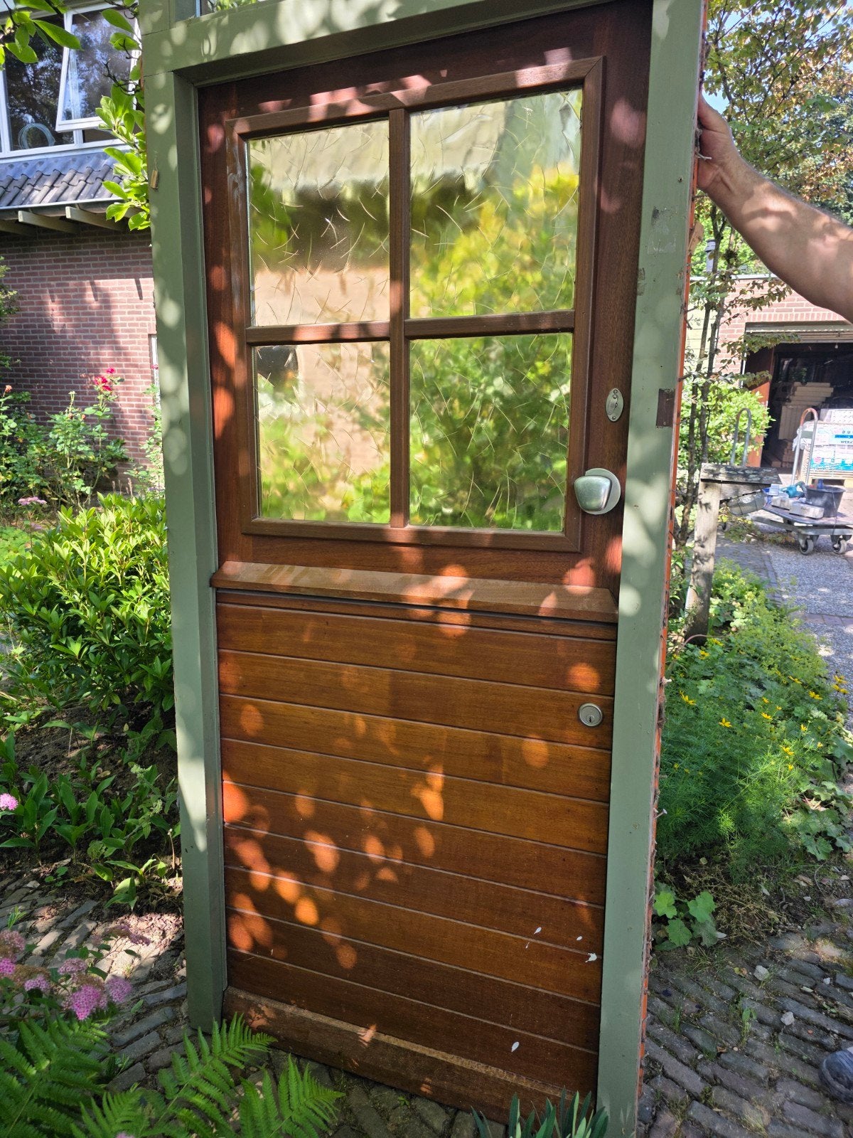 Houten voordeur buitendeur met dubbelglas en bovenlicht, Gebruikt, 80 tot 100 cm, 215 cm of meer, Ophalen of Verzenden