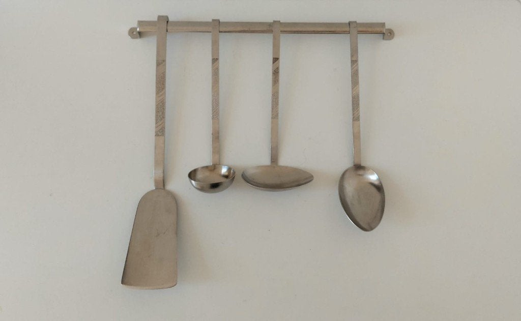 Vintage Lepelrek RVS Inox 5 delige set Jaren 60/70, Huis en Inrichting, Keuken | Bestek, Zo goed als nieuw, Bestekset, Rvs of Chroom