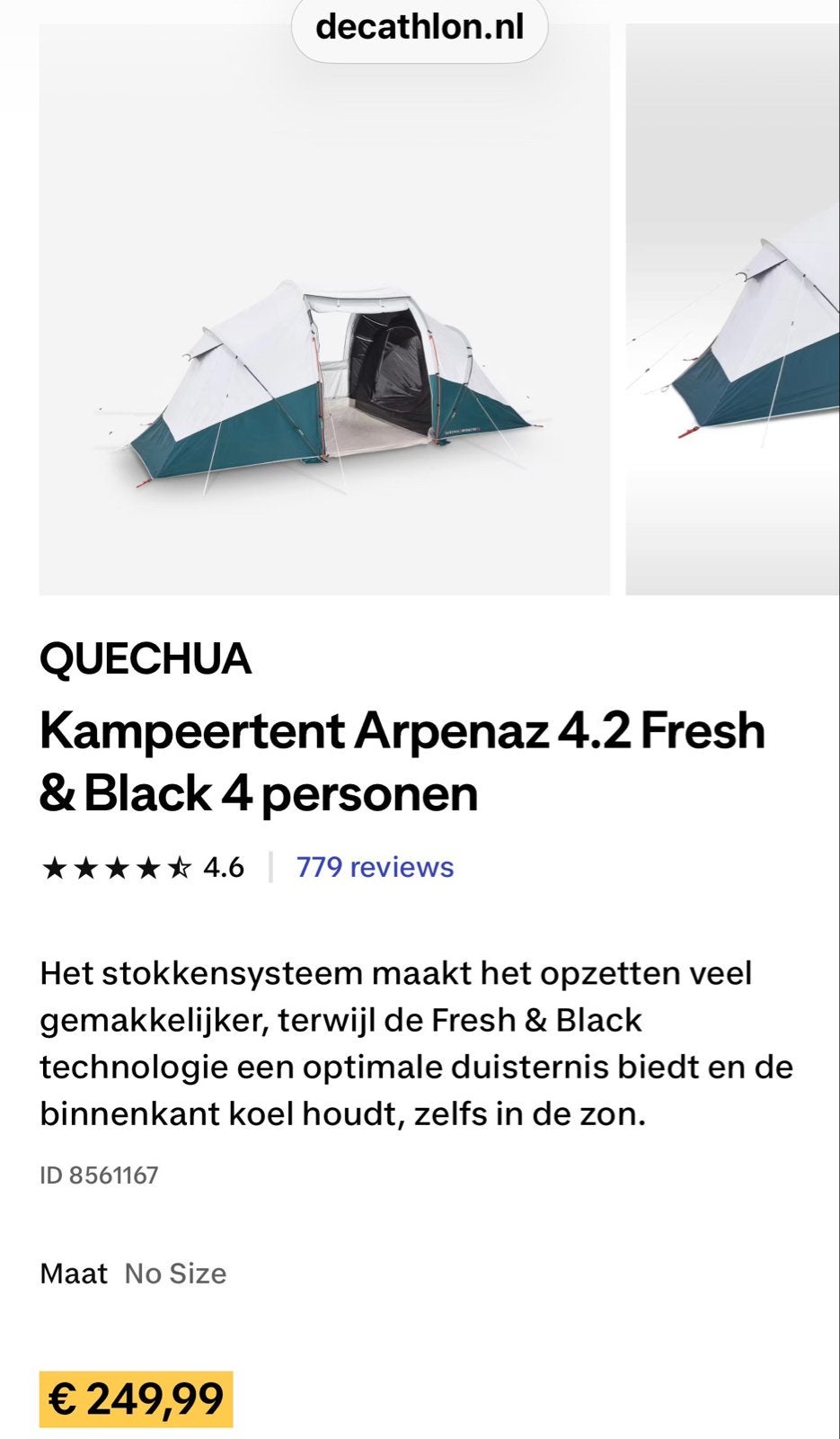 QUECHUA Kampeertent Arpenaz 4.2 Fresh & Black 4 personen, Ophalen, Zo goed als nieuw, Tot en met 4