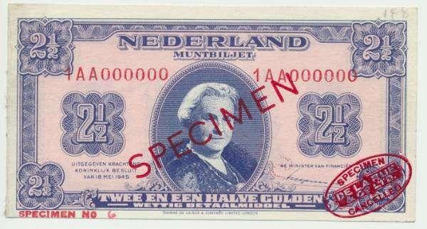 Nederland 2,5 Gulden 1945 Wilhelmina Specimen
