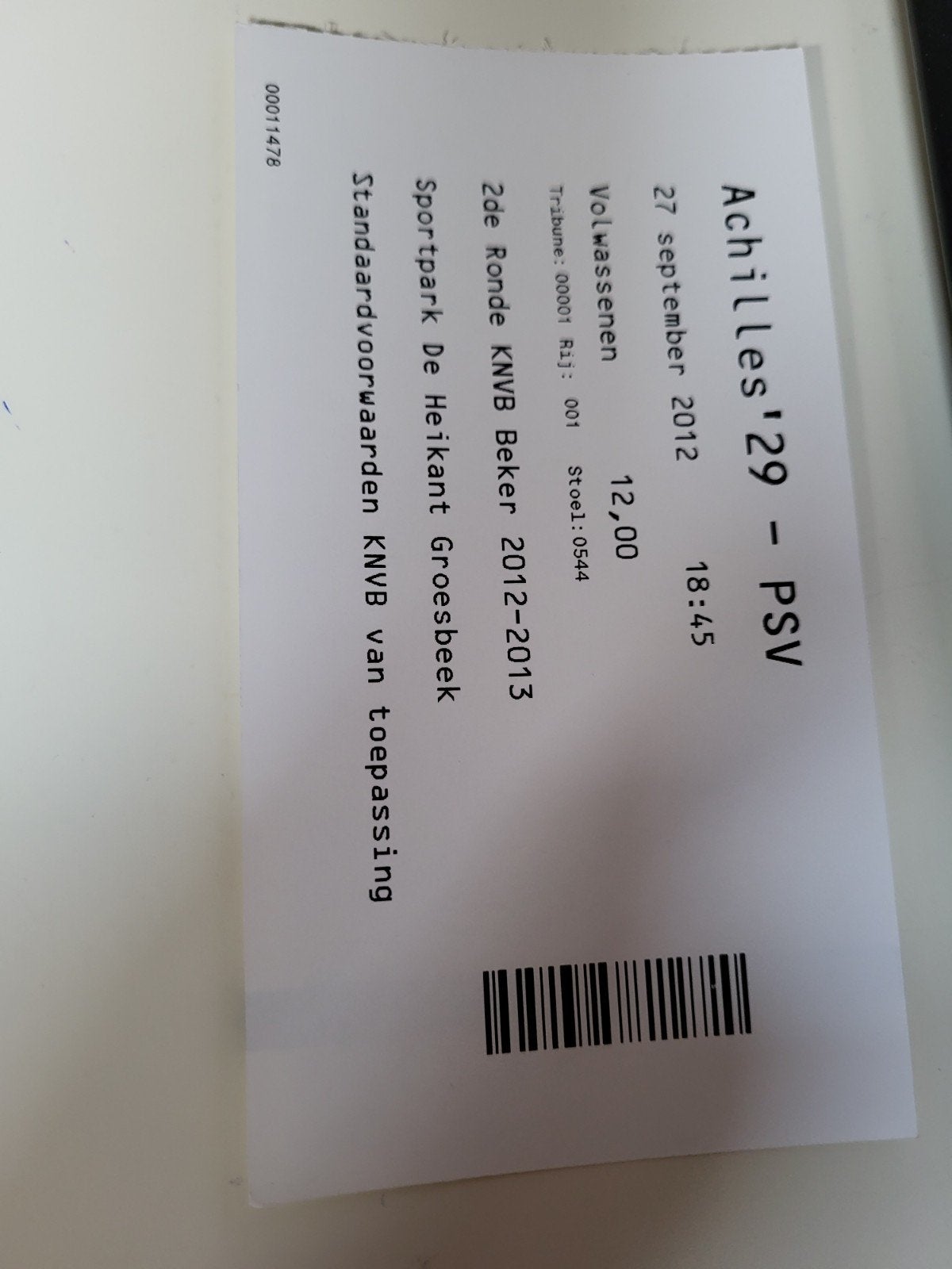 Ticket KNVB beker wedstrijd Achilles'29- PSV 2012-2013, Verzenden, Zo goed als nieuw, PSV, Overige typen