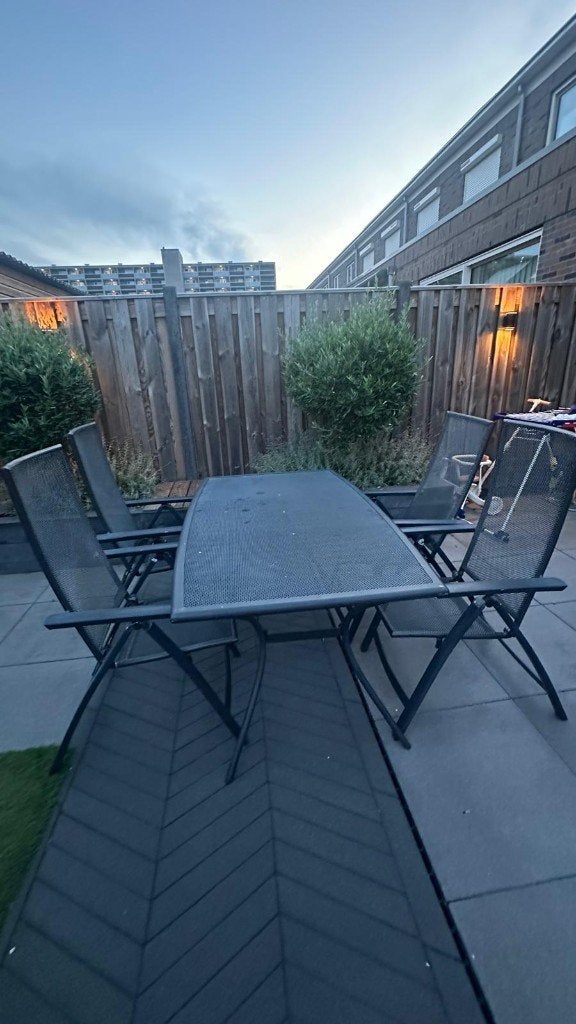 Tuinset met 4 stoelen - Grijs aluminium, Ophalen, 4 zitplaatsen, Gebruikt, Aluminium