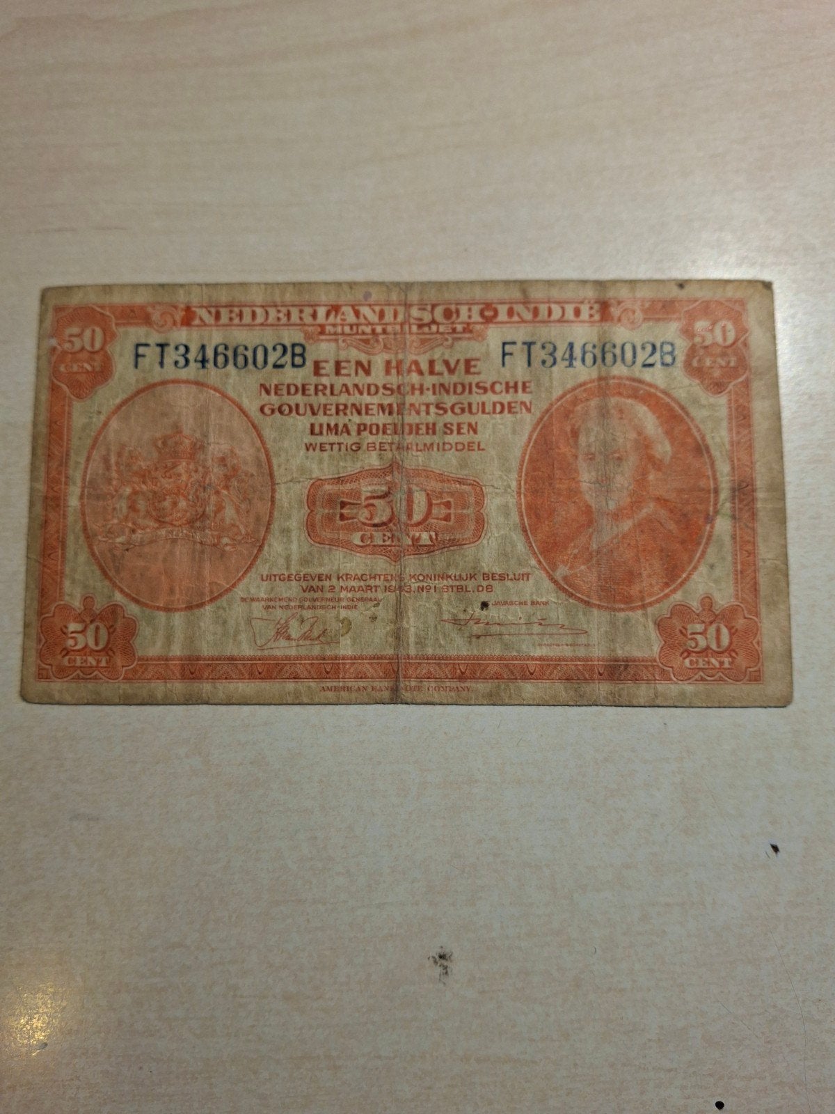 50 cent Wilhelmina 1943 Nederlands-Indië biljet, Ophalen of Verzenden