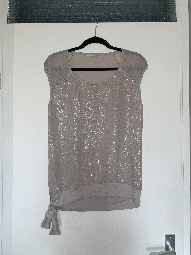 Beige shine pailletten tanktop blouse met knoop mt 40, Maat 38/40 (M), Made in Italy, Beige, Ophalen of Verzenden