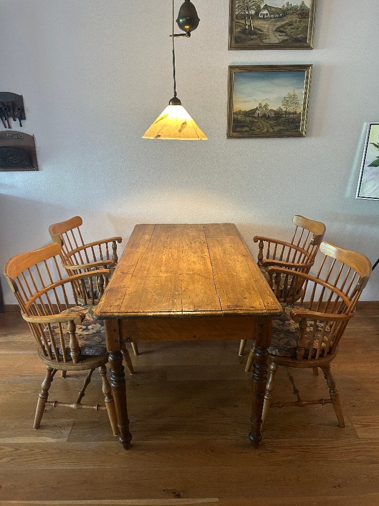 Eethoek: grenen tafel + 4 Windsor stijl stoelen, Ophalen, Gebruikt, 100 tot 150 cm, 50 tot 100 cm