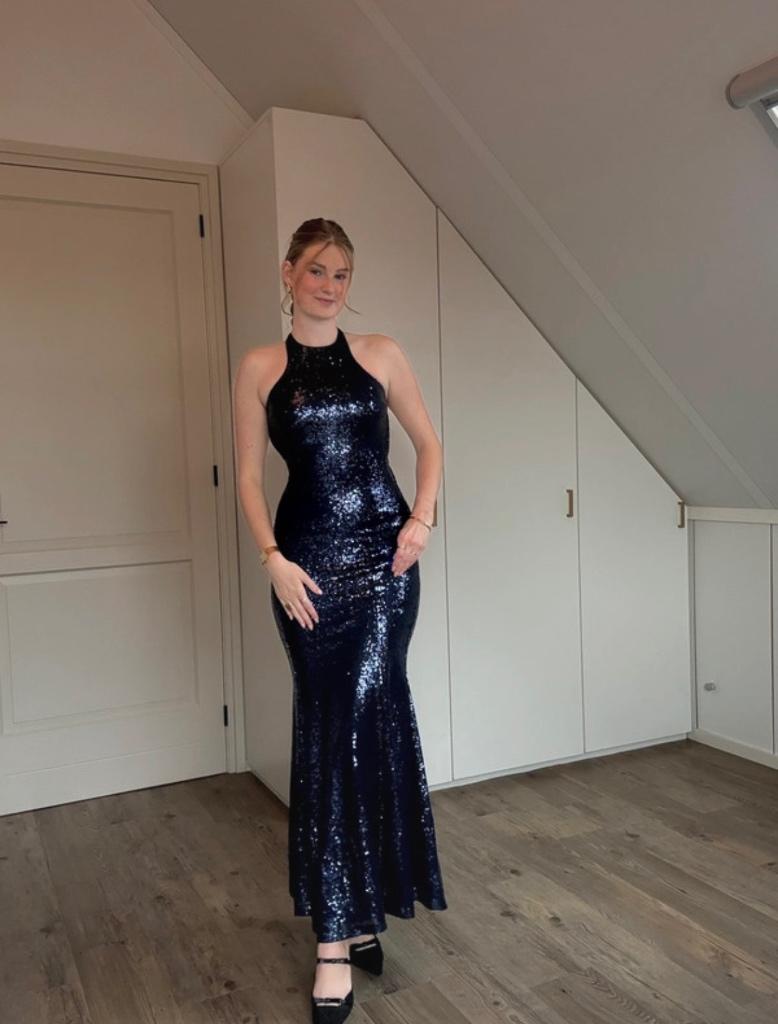 Gala jurk met glitter en open rug, Honolulu, Galajurk, Zo goed als nieuw, Maat 36 (S)