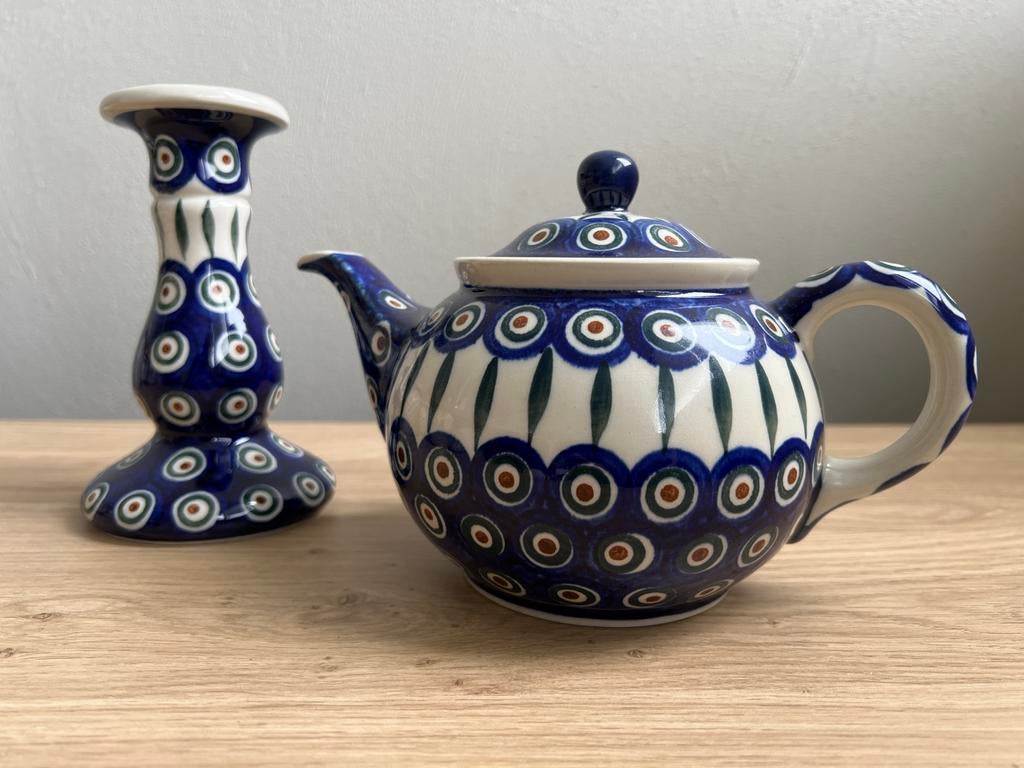 Bunzlau kandelaar ️ en theepotje, Ophalen of Verzenden
