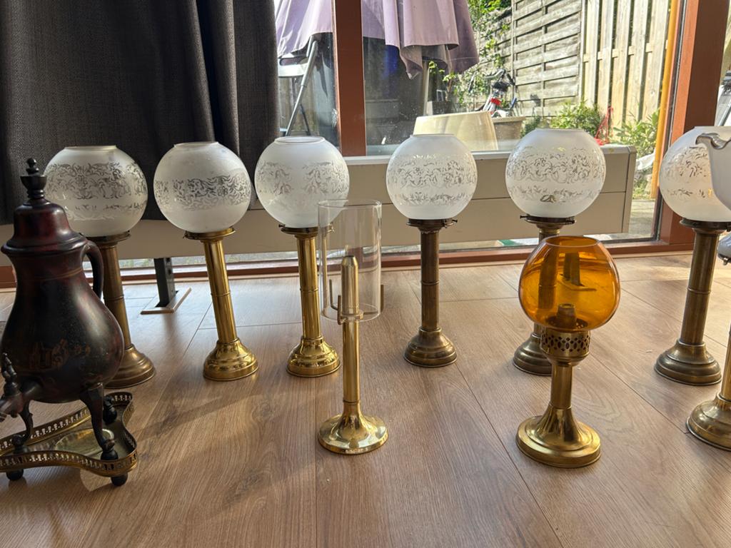 Kaarslampen  en theeketel - messing en glas, Antiek en Kunst, Antiek | Lampen, Ophalen of Verzenden