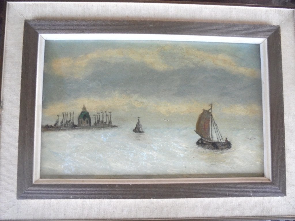 naief olieverf kerk boot eiland, Ophalen of Verzenden, Overige stijlen, Origineel werk, Maritiem / water
