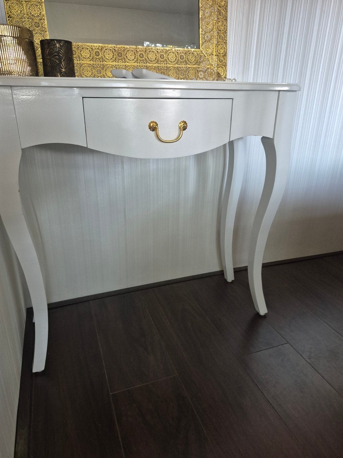 Sierlijke witte console tafel met lade, Ophalen, Klassiek, Barok, Landelijk, Zo goed als nieuw, 75 cm of meer