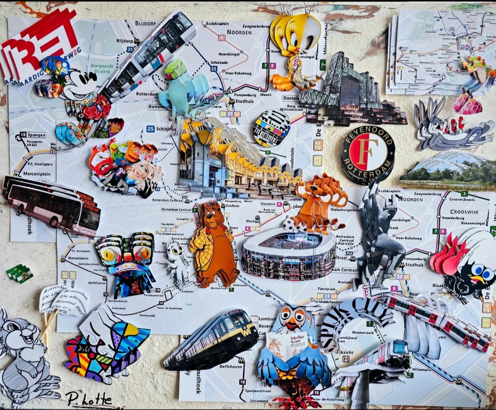 Uniek handgeschilderd schilderij Rotterdam, Ophalen of Verzenden, Gemengde techniek, Stadsgezicht, Ophangklaar
