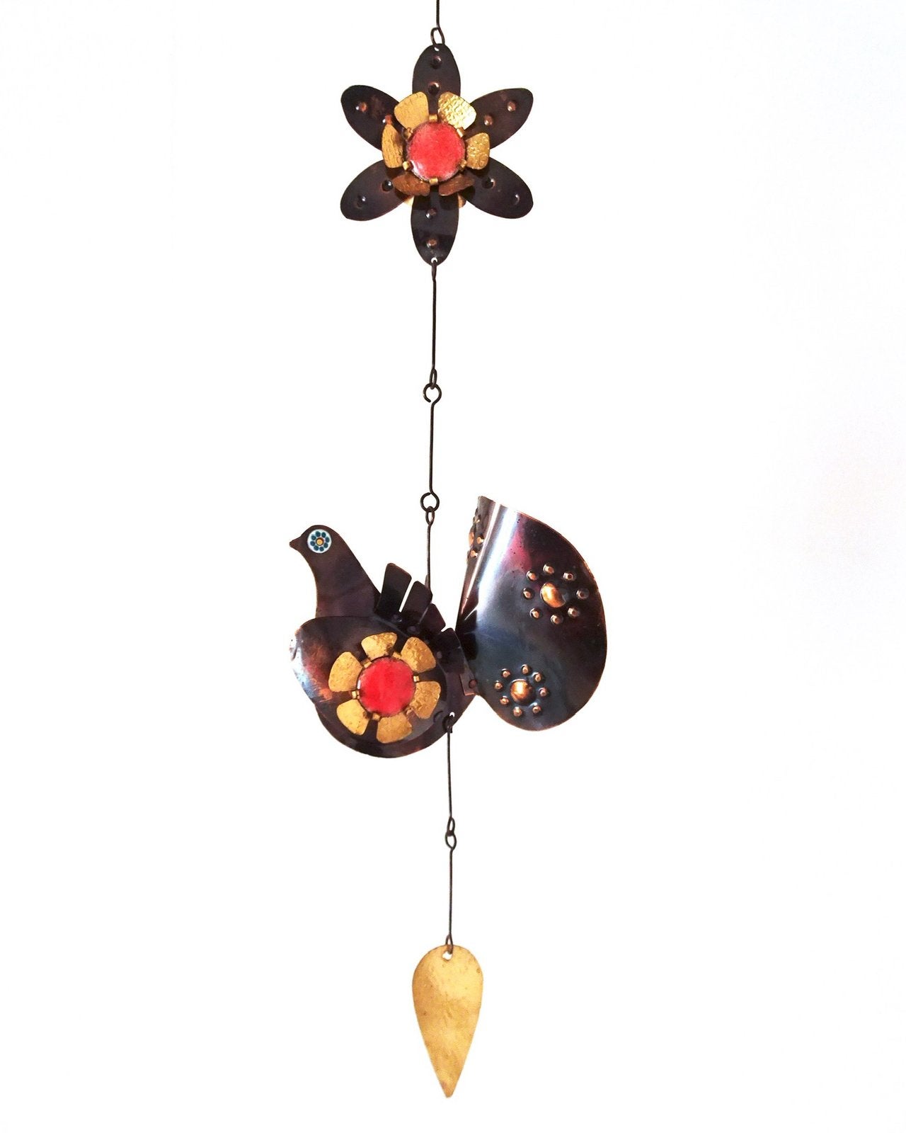 Vintage 60s vogel bloem mobile hanger raamhanger koper rood, Ophalen, Metaal, Gebruikt, Wandhanger