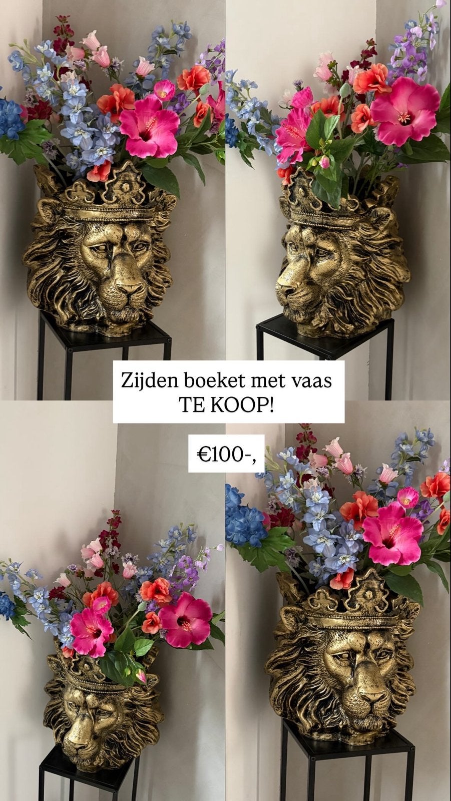 Zijden boeket met gouden leeuwenvaas, Ophalen, Meerkleurig, Textiel, Inclusief decoratie