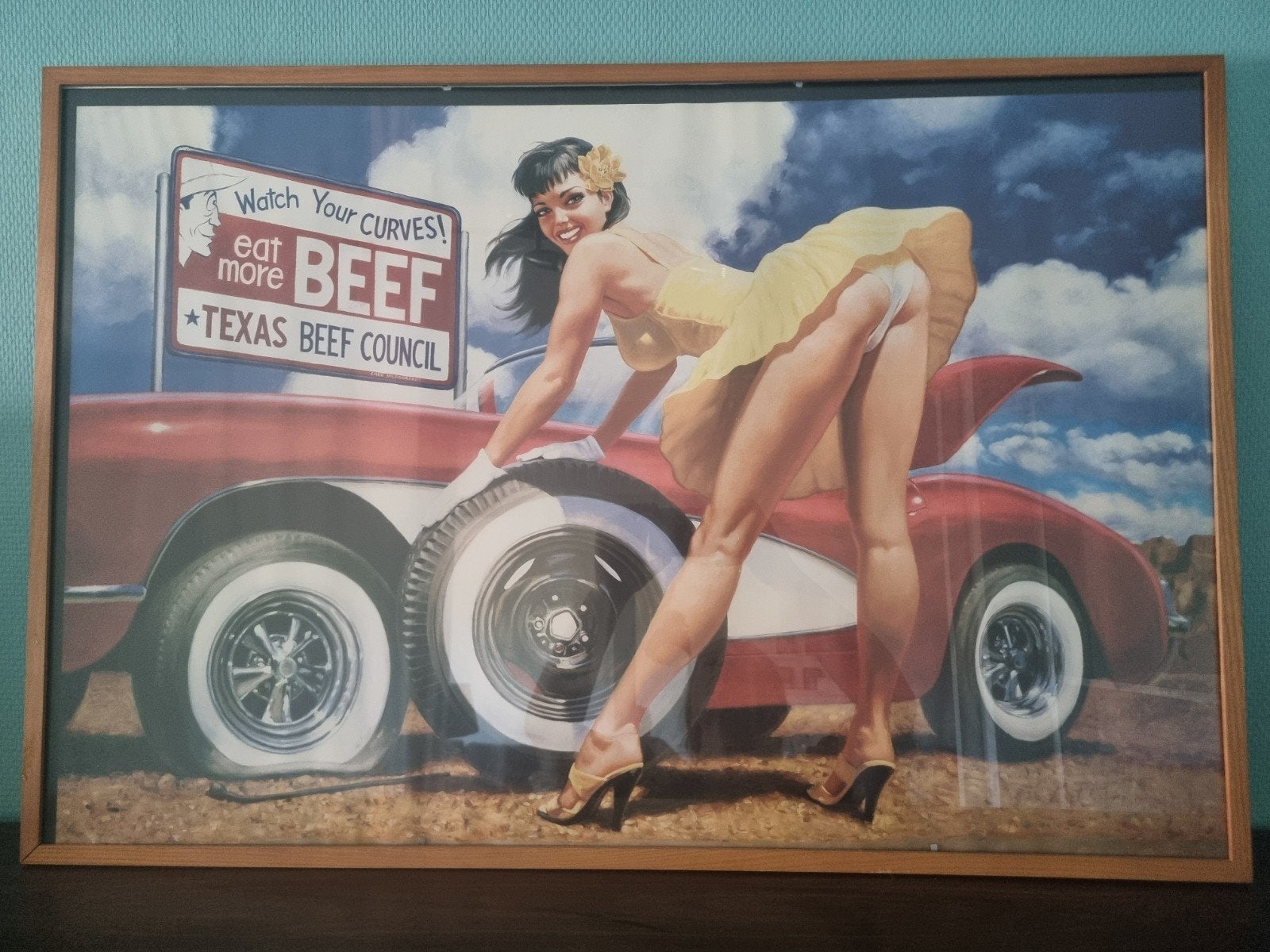 Vintage Pin-up Poster: Texas Beef Council, Antiek en Kunst, Ophalen, Figuren, Ingelijst, Papier/karton