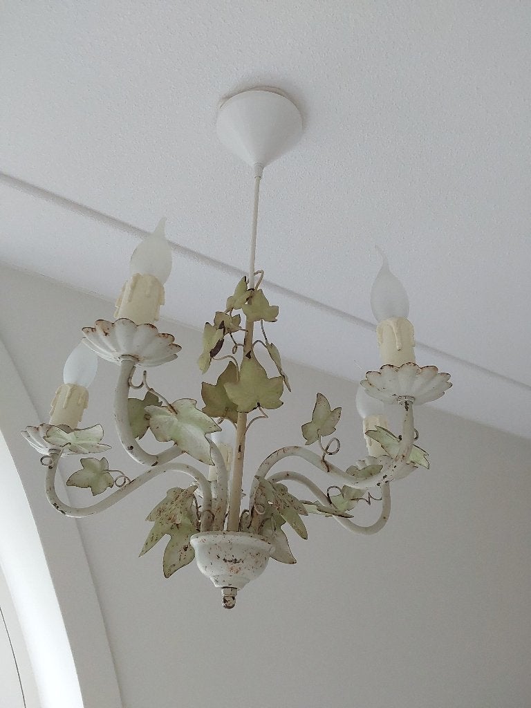 Kroonluchter metaal 5 lichtpunten groen wit klimop brocante, Ophalen
