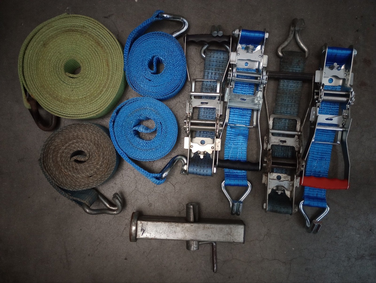 4 Spanbanden + ratels 5 ton en spanbandoproller, Ophalen of Verzenden, Gebruikt