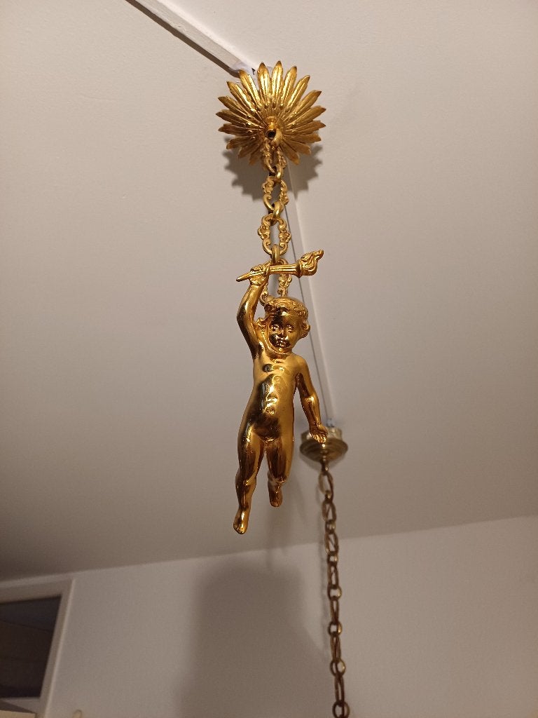 Foto 2 van Antieke cherubijn of putto van verguld brons