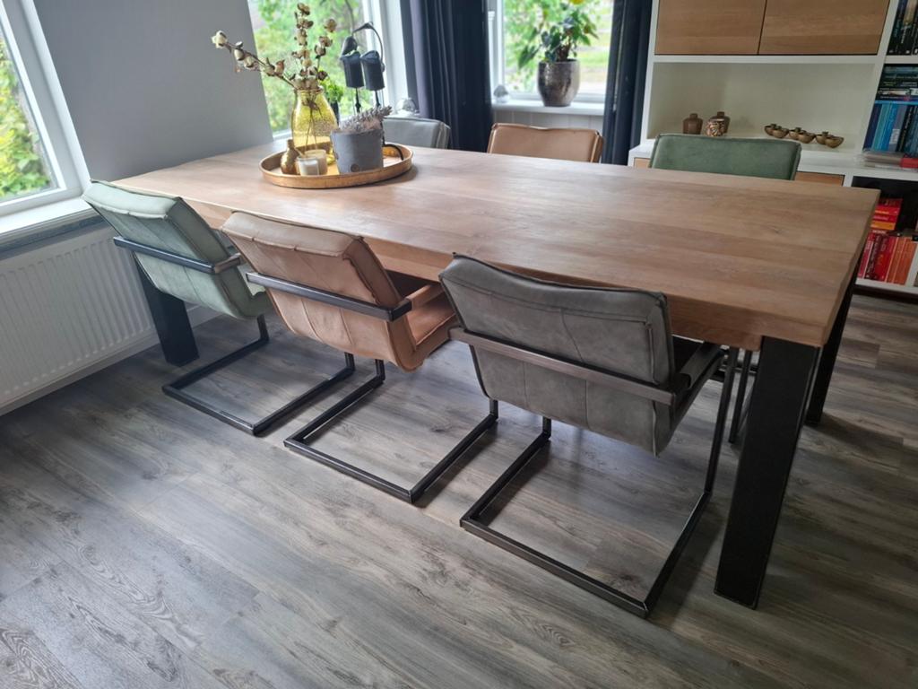 Eiken eettafel met stalen poten en 6 leren stoelen, Ophalen, Eikenhout, 200 cm of meer, 50 tot 100 cm