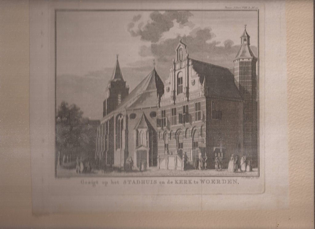 Gezigt op het stadhuis en de kerk te Woerden 1750 C. Pronk, Stadsgezicht, 17 cm, 19 cm, Ophalen of Verzenden