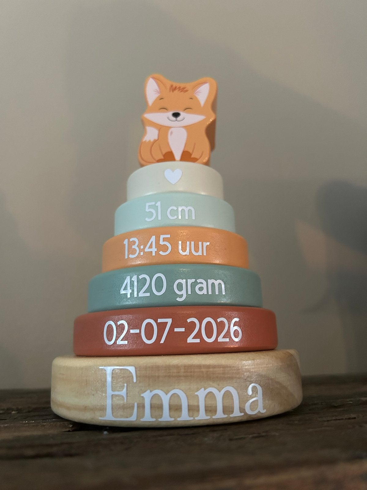 Gepersonaliseerde houten stapeltoren met vosje, Ophalen of Verzenden, Nieuw, Overige typen