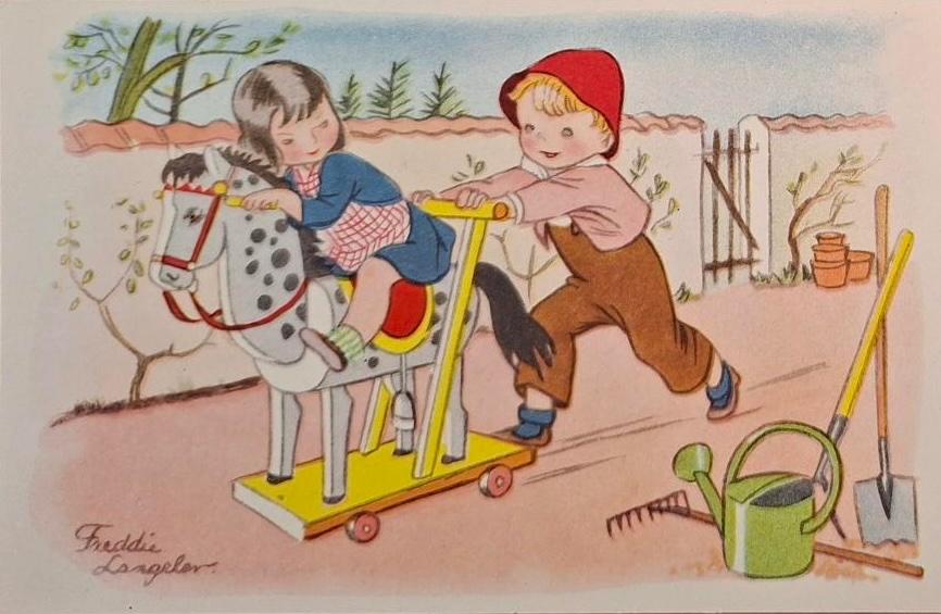 Freddie Langeler tekekende kinderen met Houten paard, Verzenden, 1940 tot 1960, Ongelopen, Kinderen