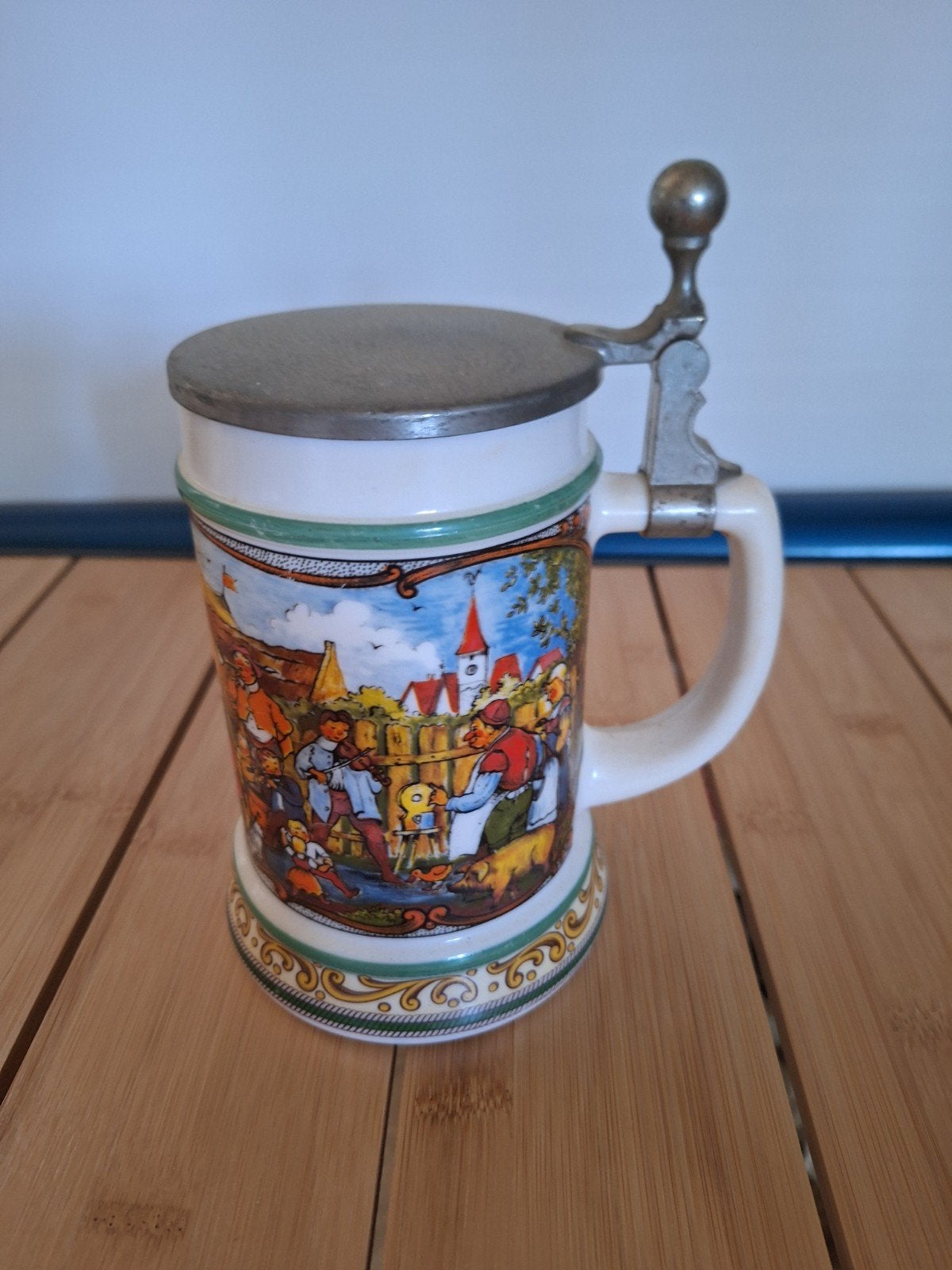 Vintage Duitse Bierpul met Scène en Tinnen Deksel, Antiek en Kunst, Ophalen
