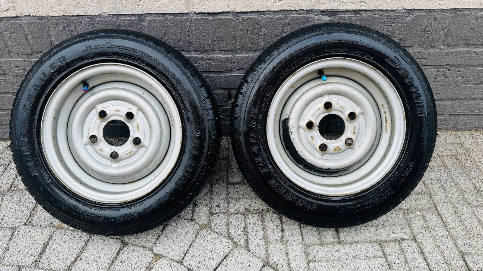 2 gebruikte aanhangerwielen 155/70/R12C, Ophalen of Verzenden, Gebruikt