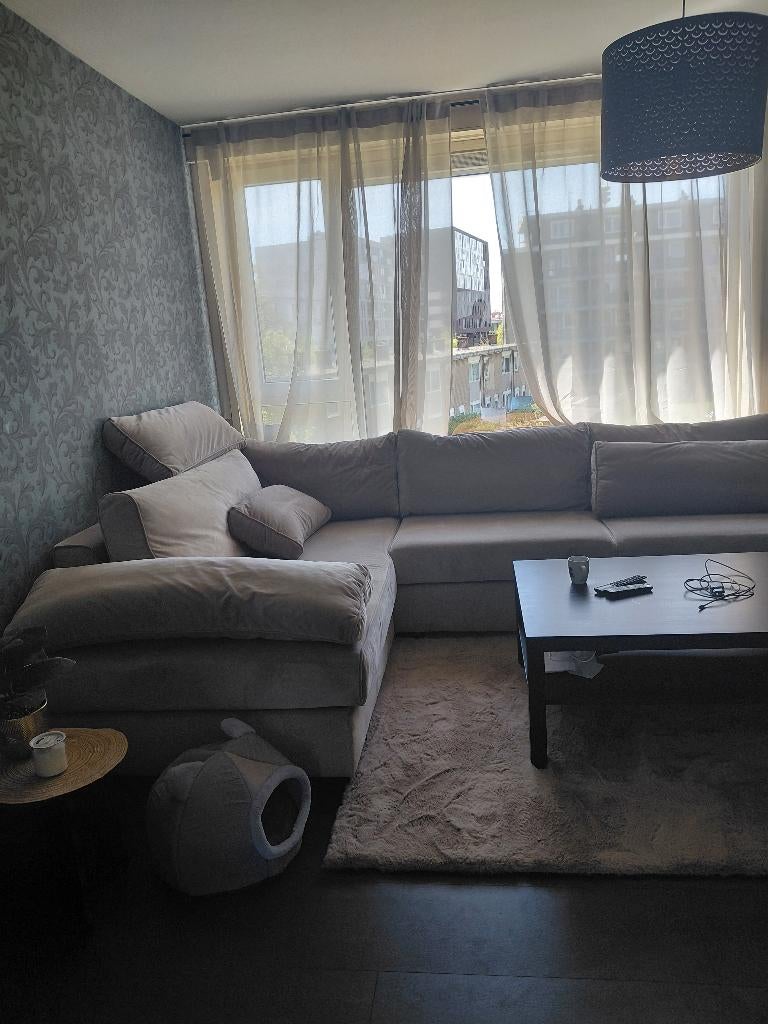 Luxe L-vormige velvet bank beige/champagne - 310x250 cm, Hoekbank, Ophalen of Verzenden, Zo goed als nieuw, Stof
