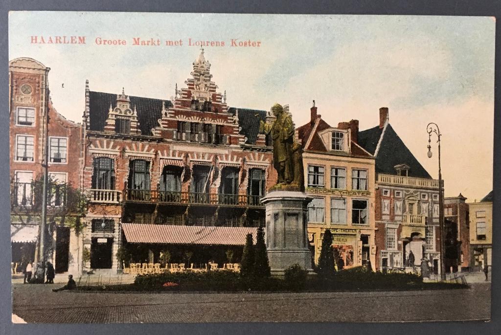 Prentbriefkaart Haarlem Groote Markt met Laurens Koster., Ophalen of Verzenden, Voor 1920, Gelopen, Noord-Holland